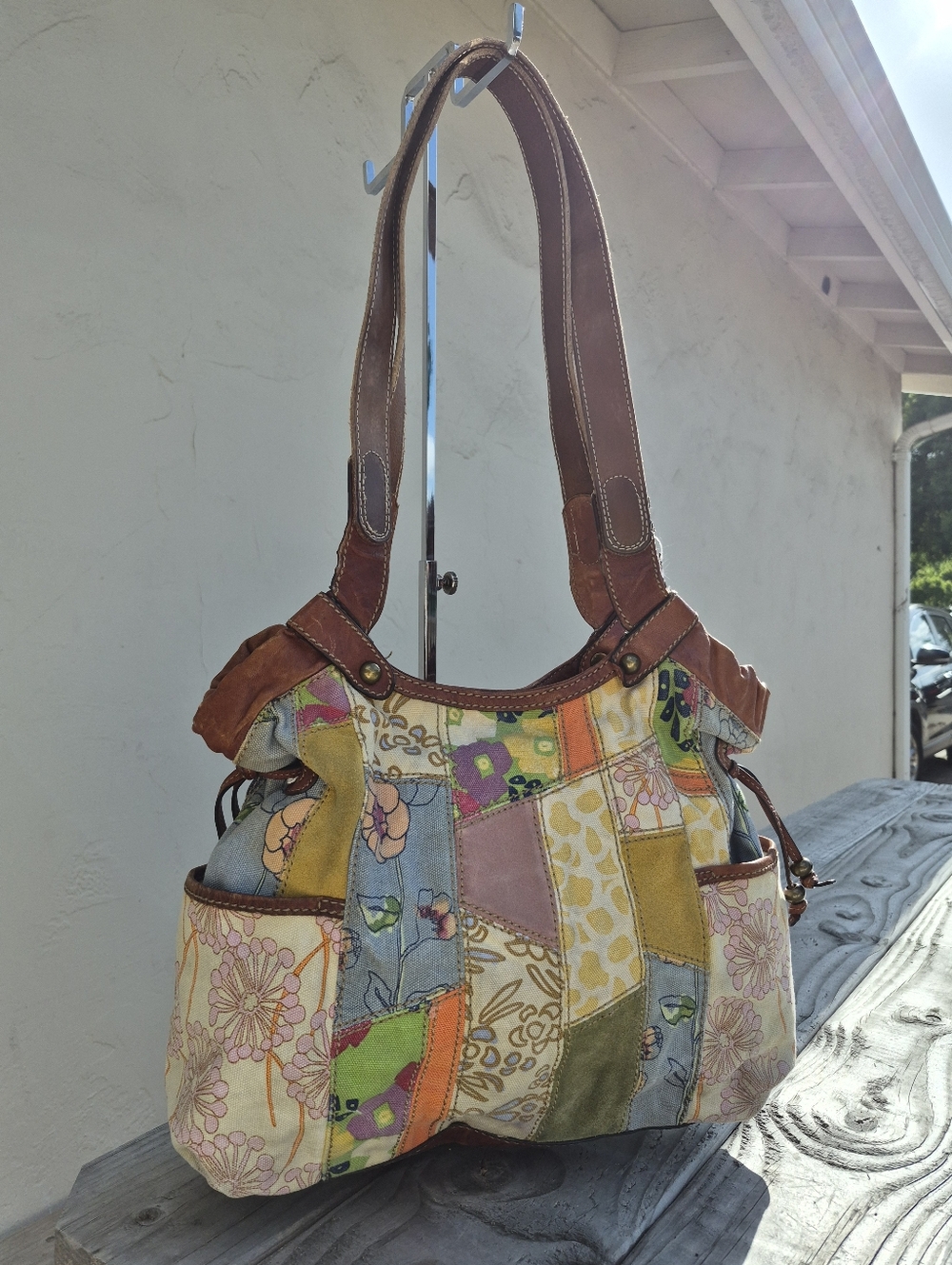 Fossil Patchwork Floral Multicolor Shoulder Bag - Brown Straps - Picture 3 of 13